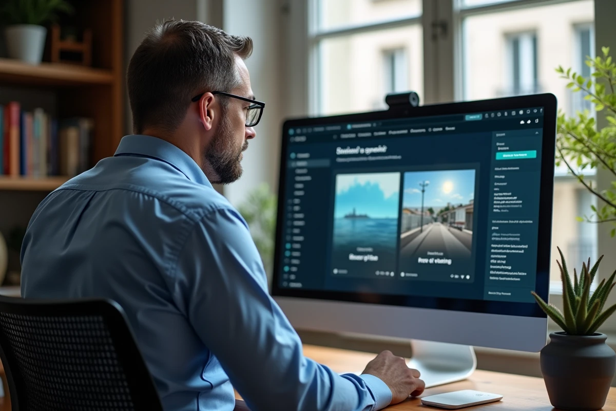 Homme français au bureau regardant un écran d