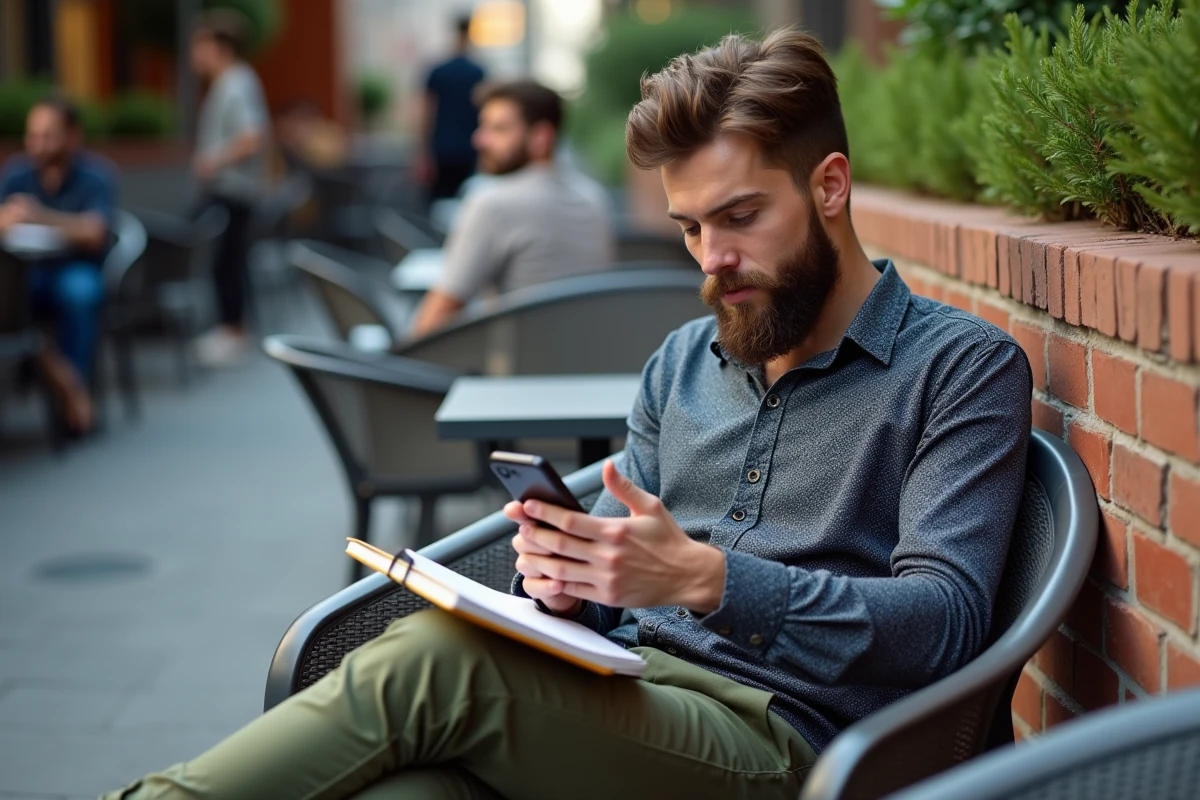 Homme barbu au café lisant une chanson sur son smartphone