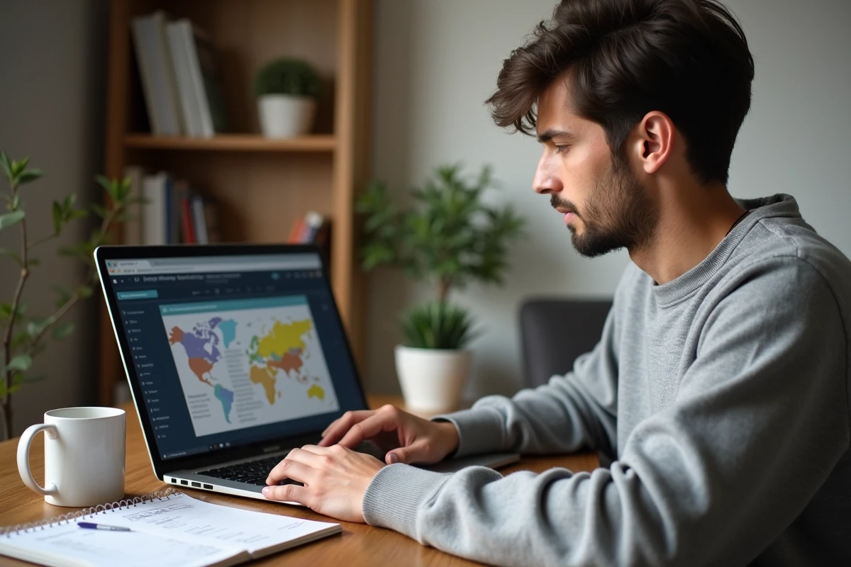 Jeune homme consultant le site des journées mondiales sur son ordinateur portable à domicile