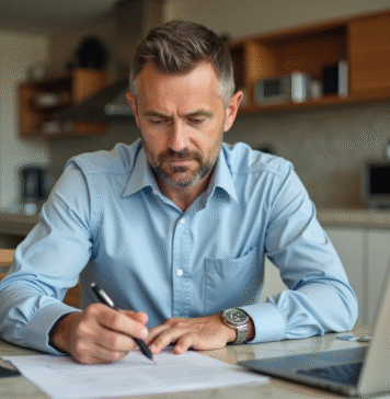 Pourcentage vente maison : quel impôt prélevé par l’État ? Homme d'affaires examinant des documents immobiliers à la maison
