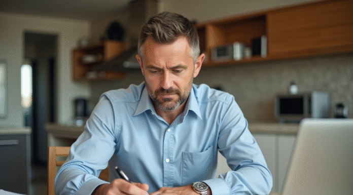 Homme d'affaires examinant des documents immobiliers à la maison