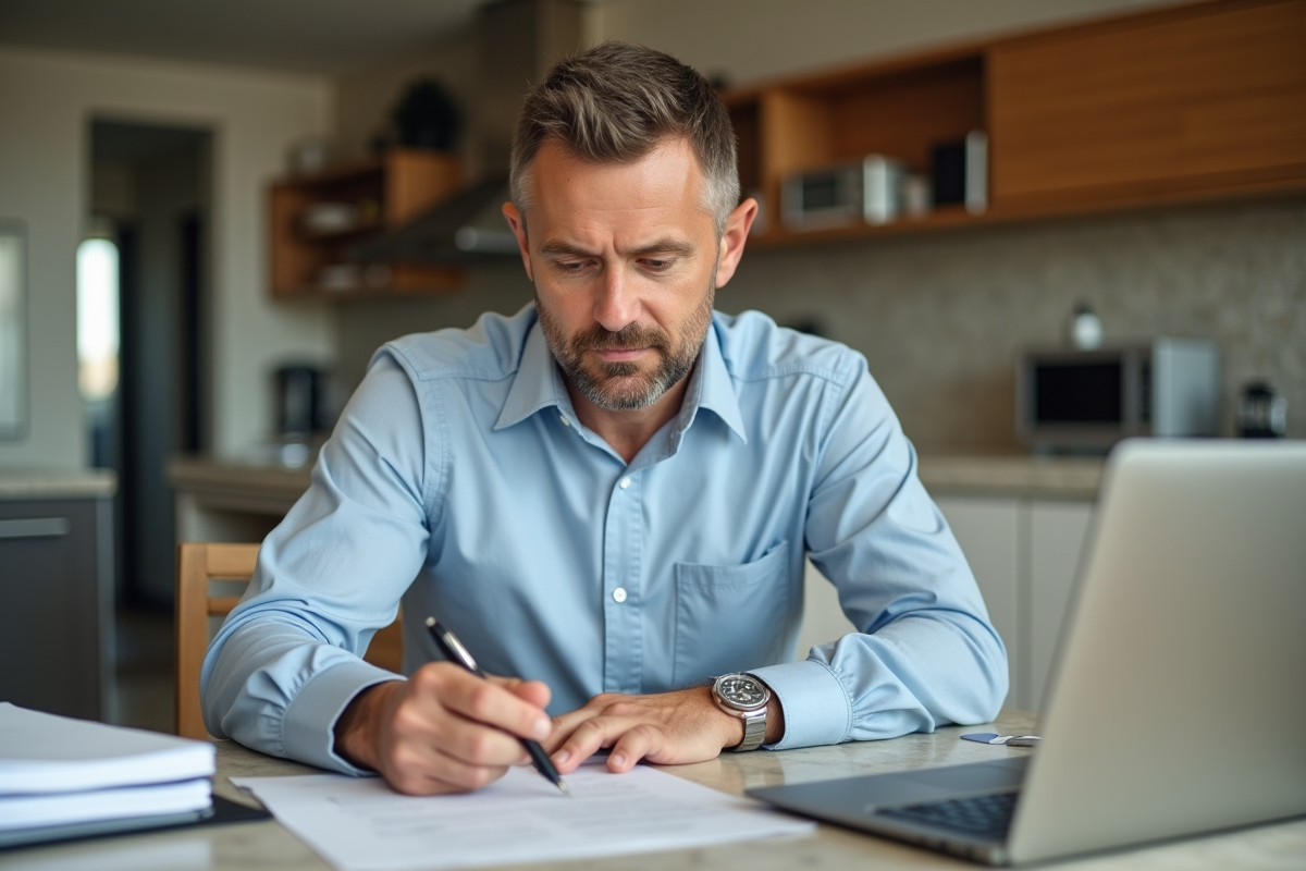 Homme d'affaires examinant des documents immobiliers à la maison