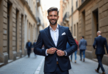 Homme en costume dans une rue urbaine européenne