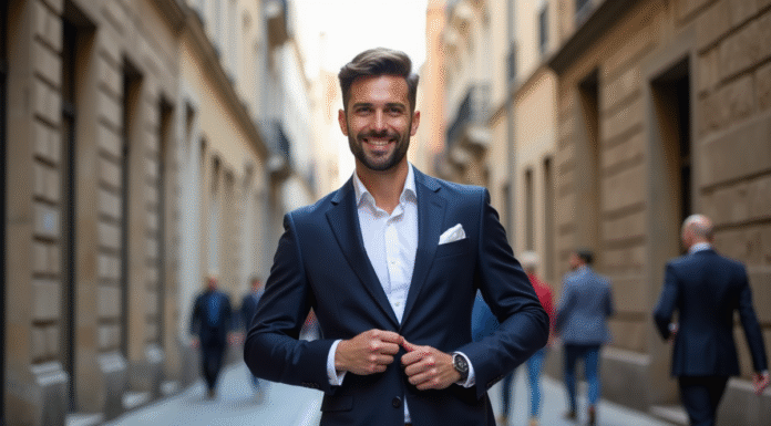 Homme en costume dans une rue urbaine européenne