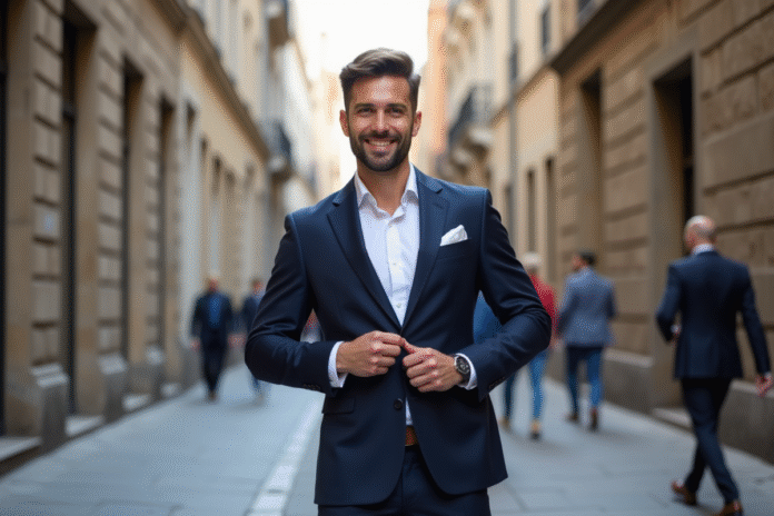Homme en costume dans une rue urbaine européenne