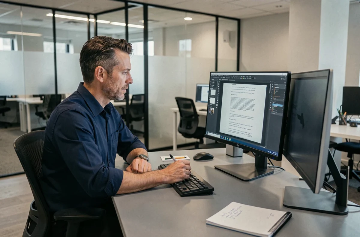 Homme en télétravail relisant et corrigeant un document professionnel sur grand écran dans un espace de coworking moderne