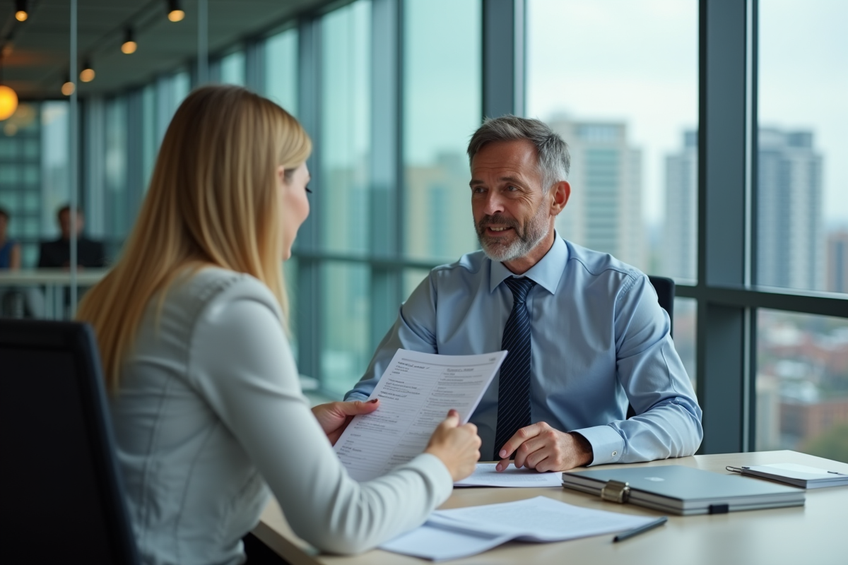 Homme en chemise avec conseiller bancaire dans un bureau moderne