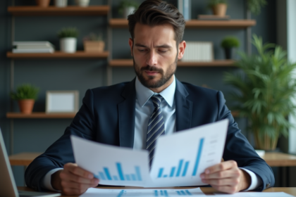 Homme d'affaires en costume examinant des graphiques financiers