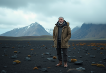 Densité de population en Islande, terres volcaniques et glaciers Homme islandais seul sur un paysage volcanique sauvage