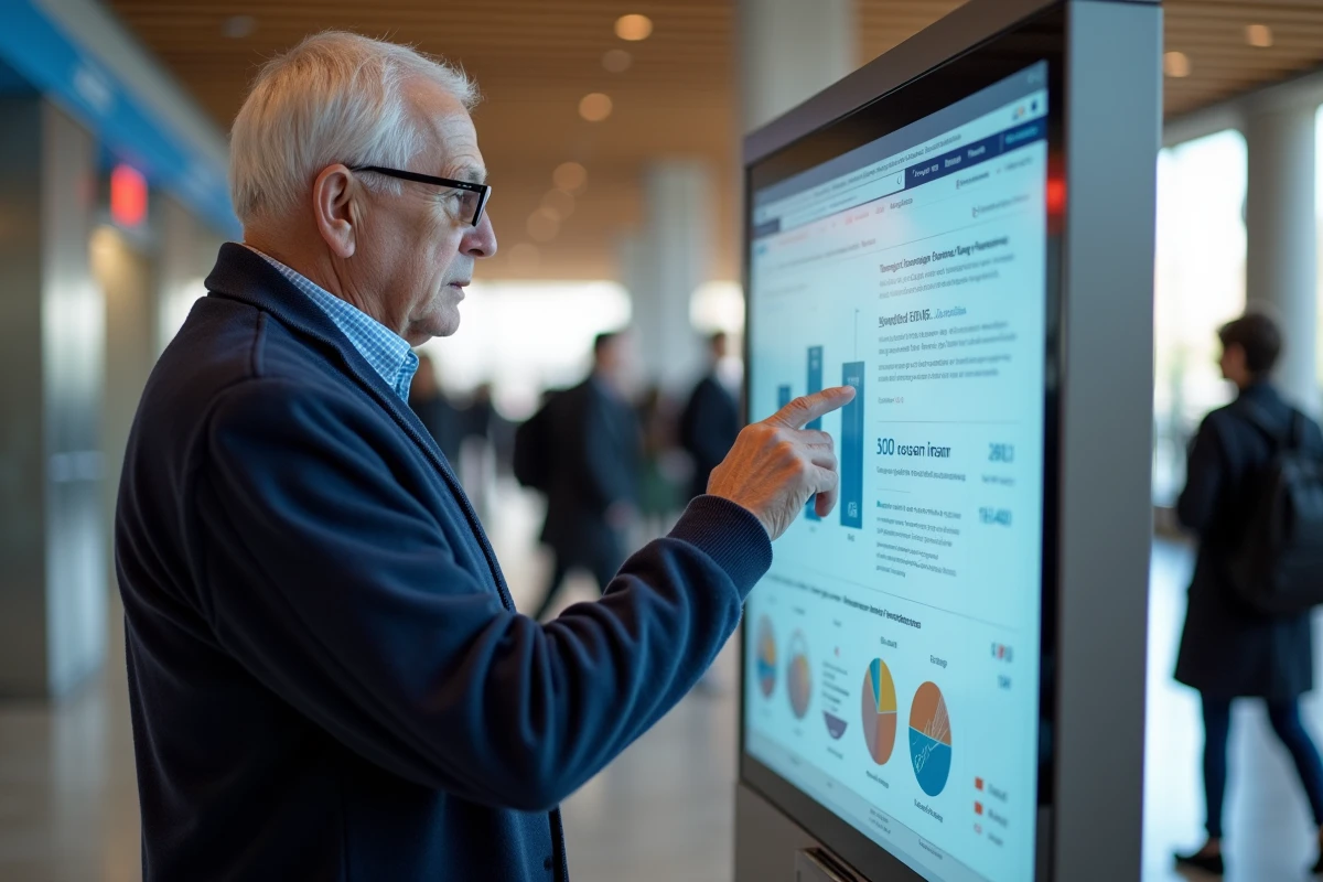 Homme utilisant un kiosque interactif avec données Insee
