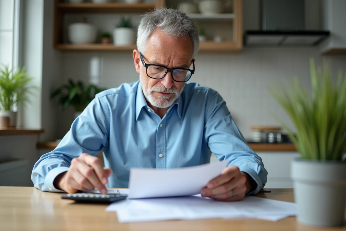 Homme d'âge moyen lisant des documents dans une cuisine moderne