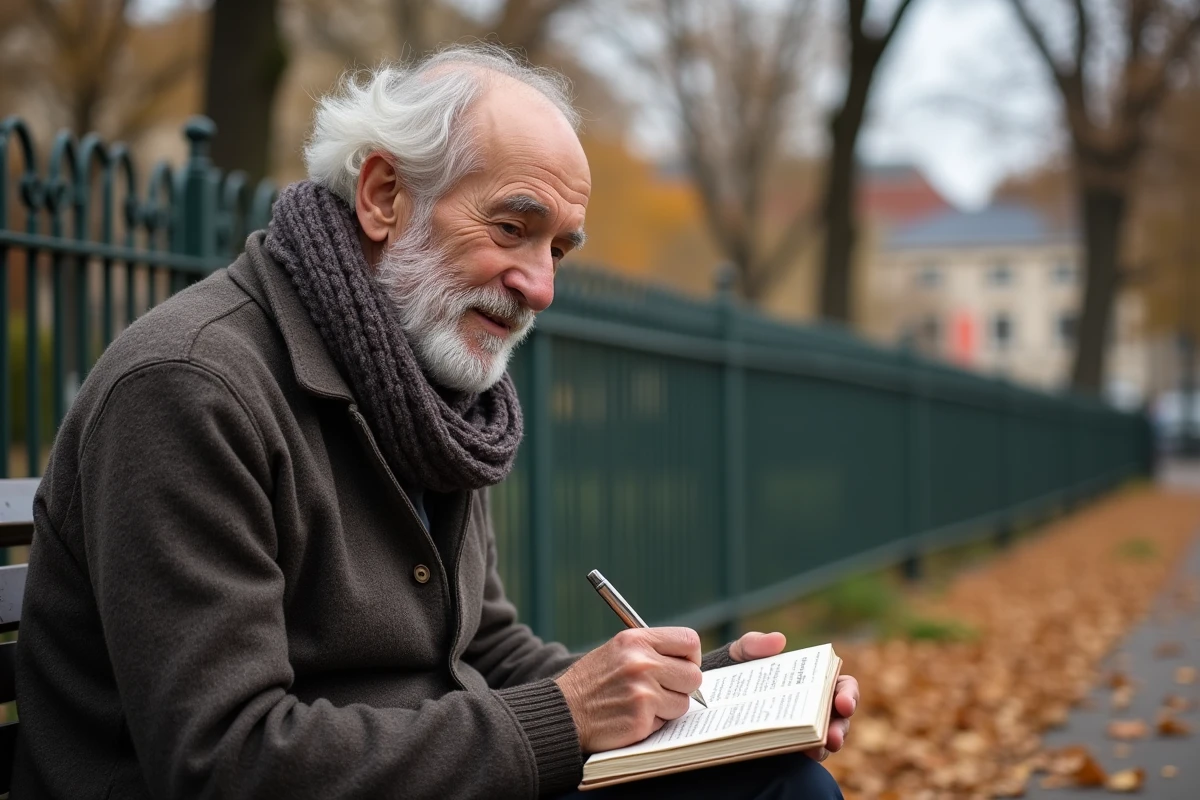 Homme âgé écrivant dans un carnet dans un parc en automne