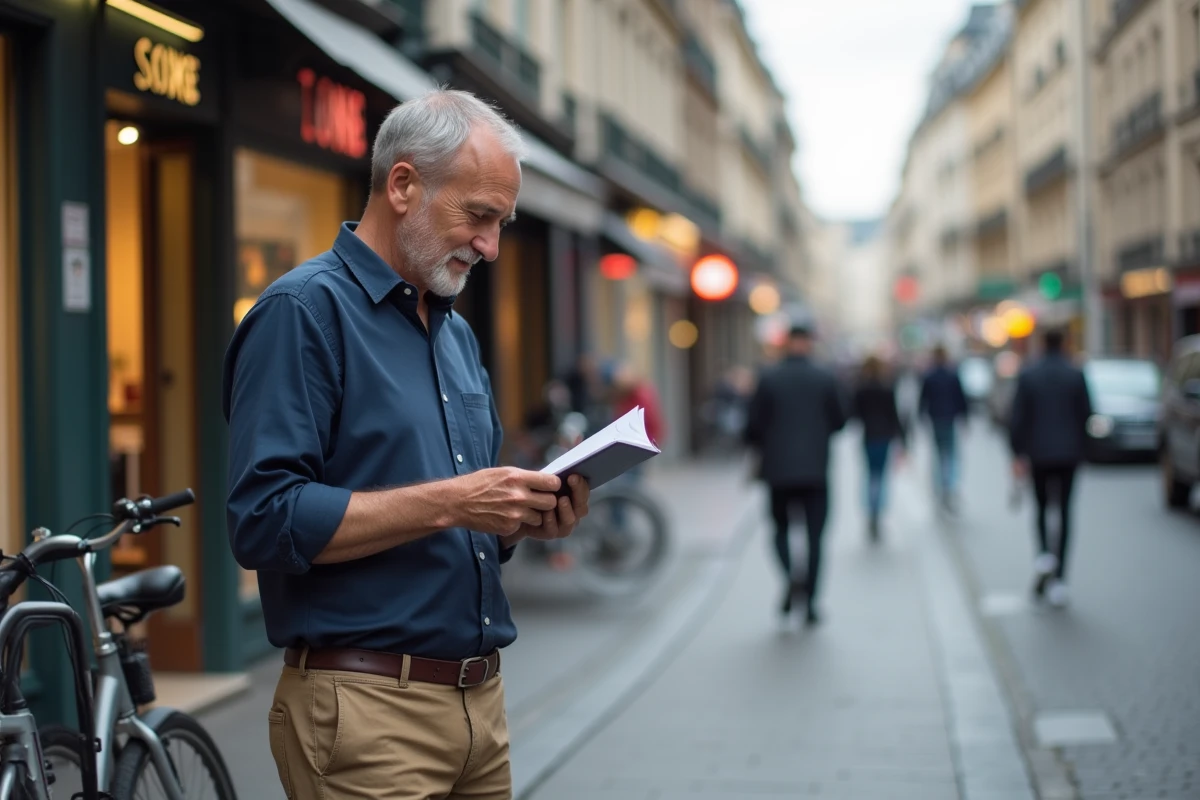 Homme lisant un guide de langue en ville
