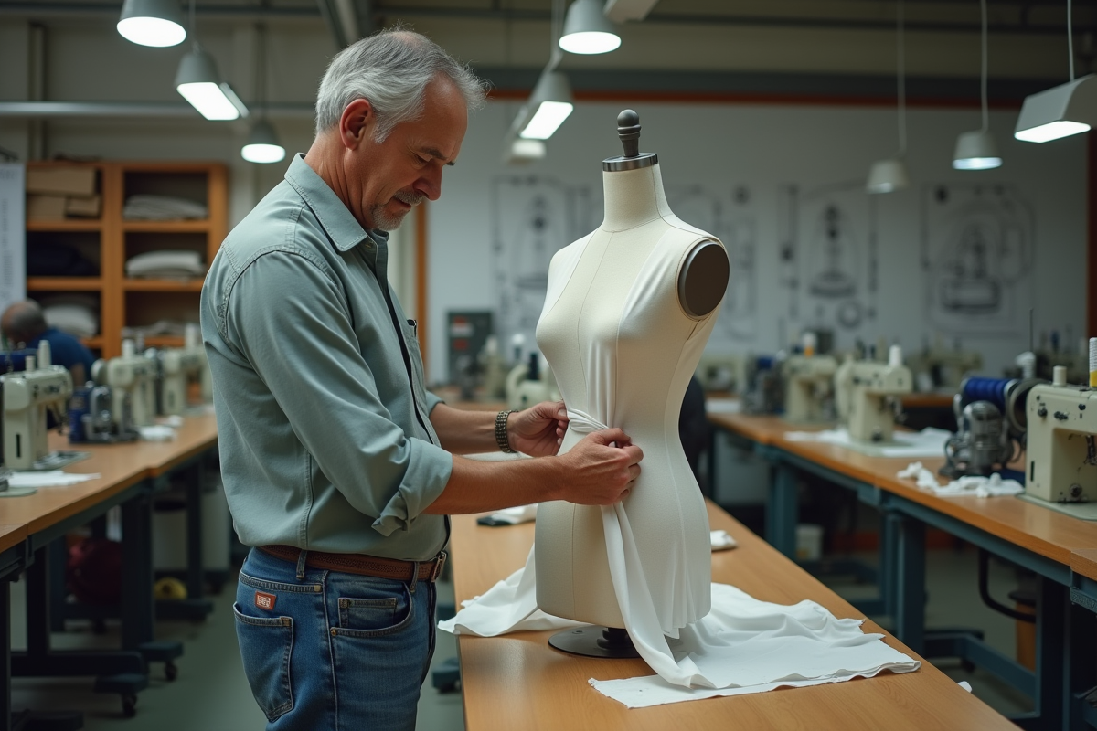 Homme ajustant un patron dans une usine de confection