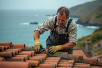 Homme en overalls nettoyant des tuiles en bord de mer
