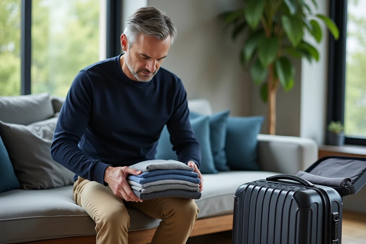 Homme pliant ses vêtements dans un intérieur moderne
