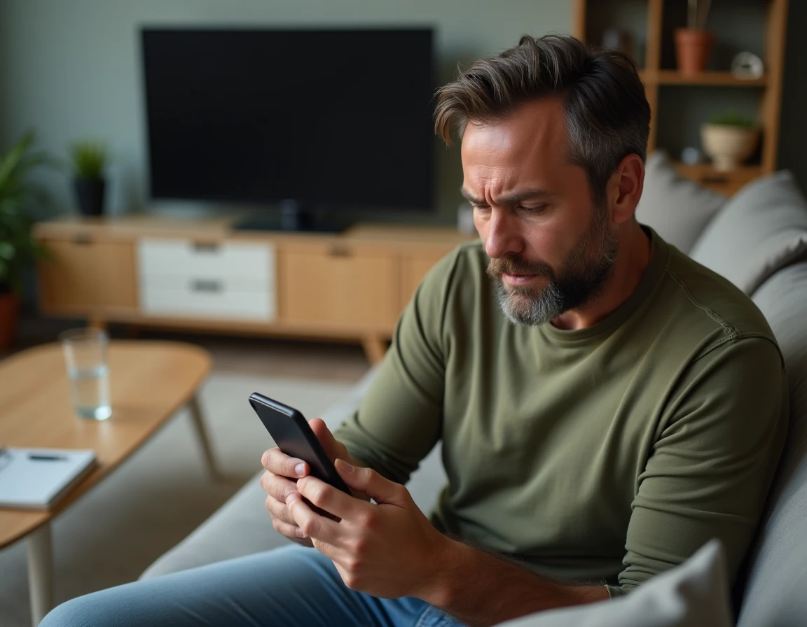 Homme perplexe regardant son smartphone avec le dé Google bloqué sur l'application