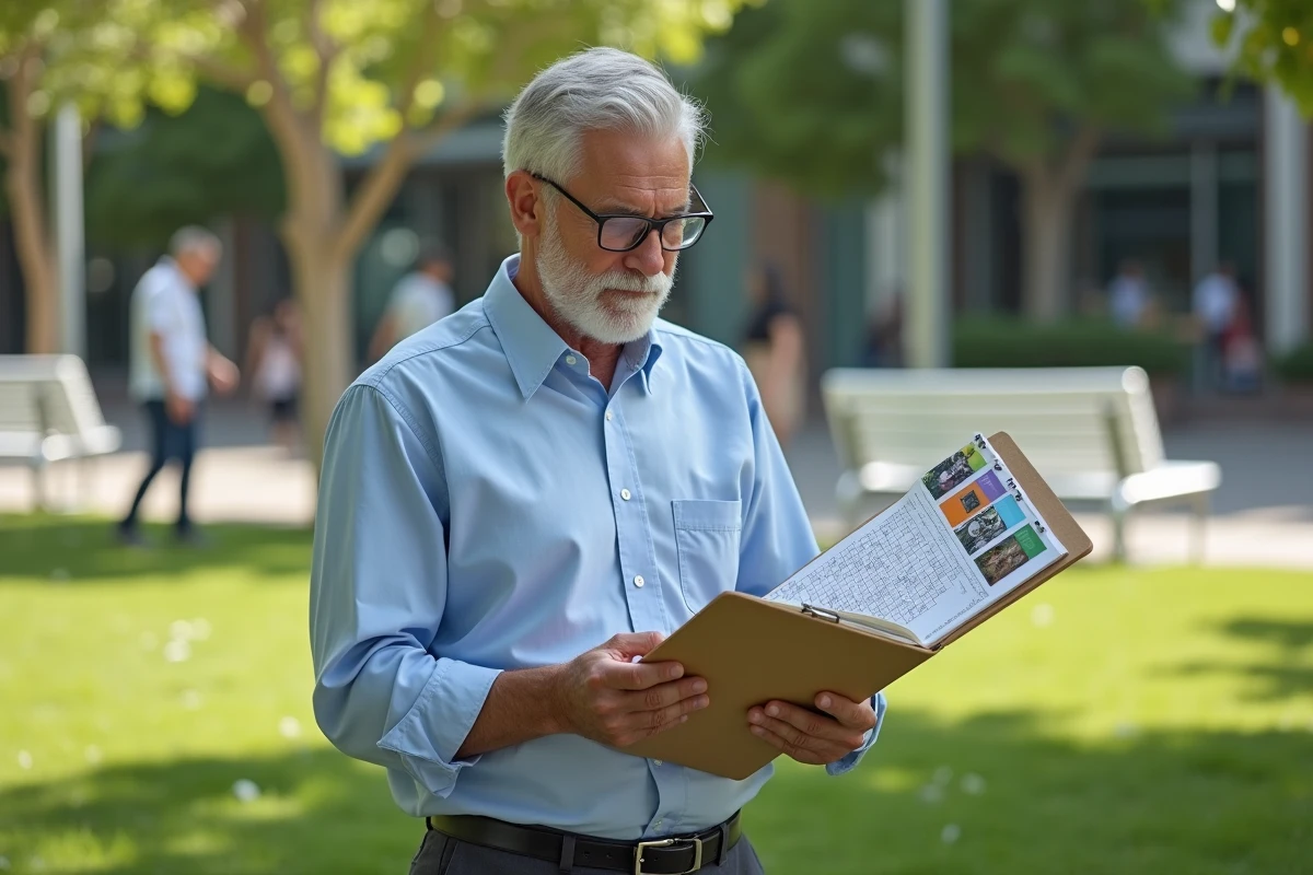 Homme regardant des cartes dans un parc urbain ensoleille