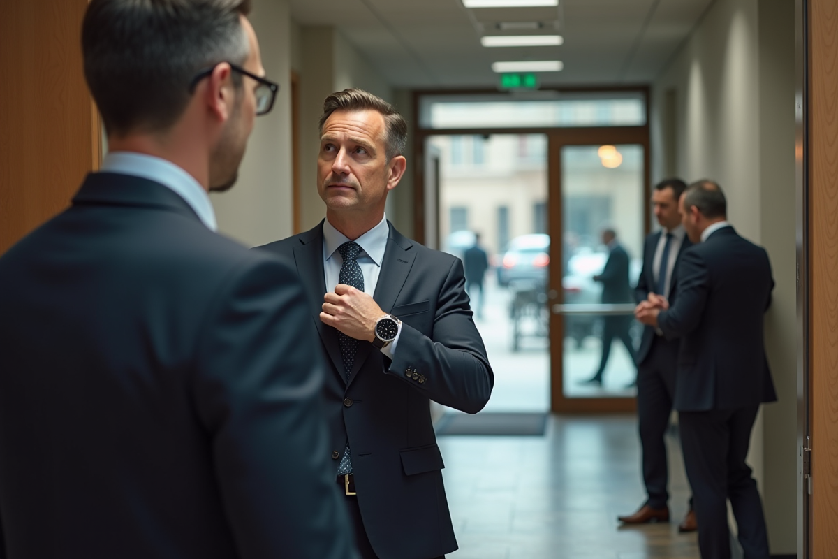 Homme ajustant sa montre dans un hall d