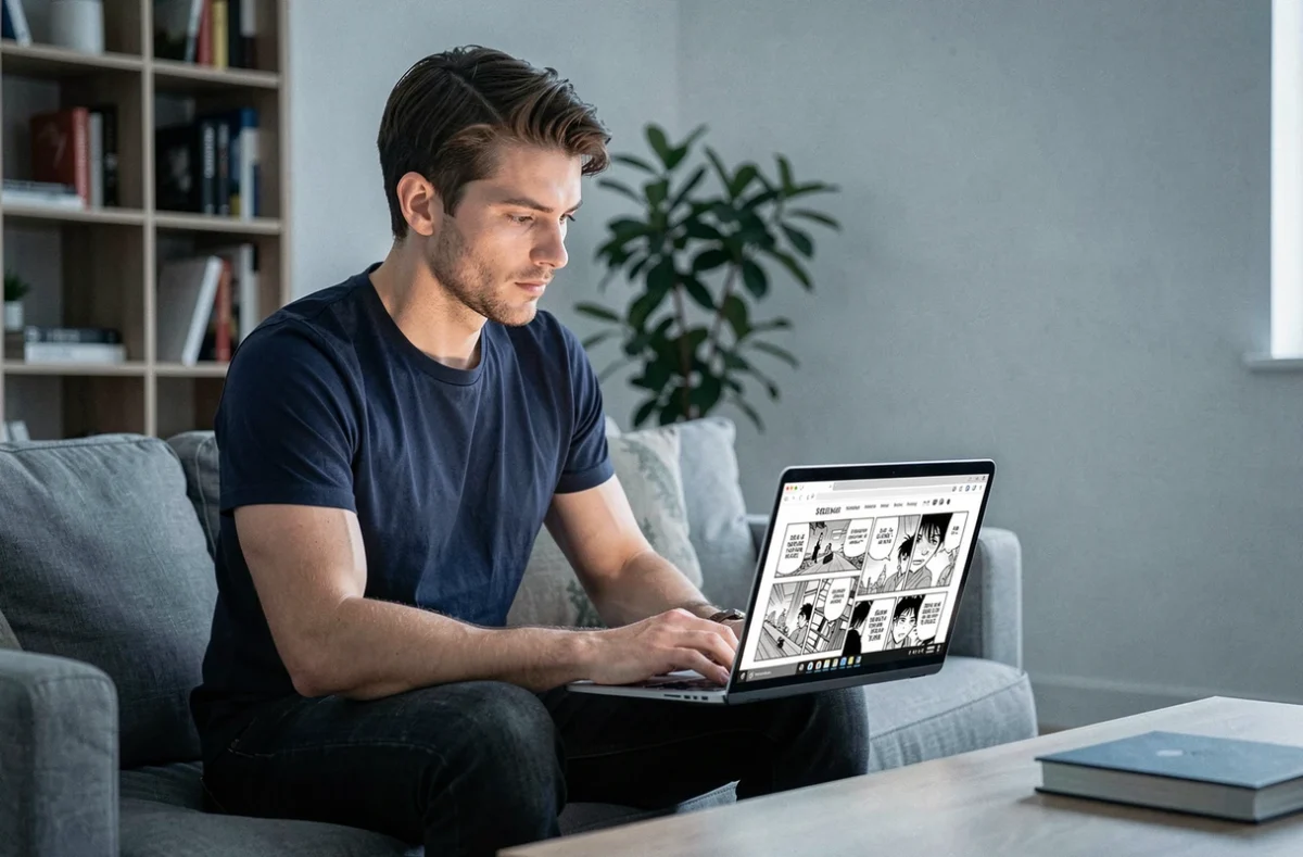 Homme consultant des scans de manga One Piece sur son ordinateur portable dans un appartement, thème de la légalité des scans en France