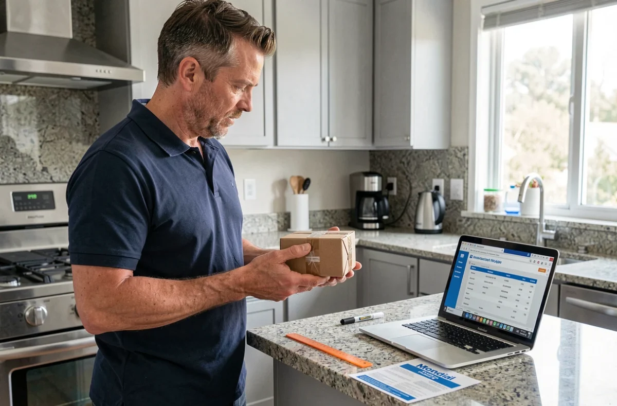Homme vérifiant les dimensions d'un petit colis devant un guide de tailles Mondial Relay sur ordinateur portable