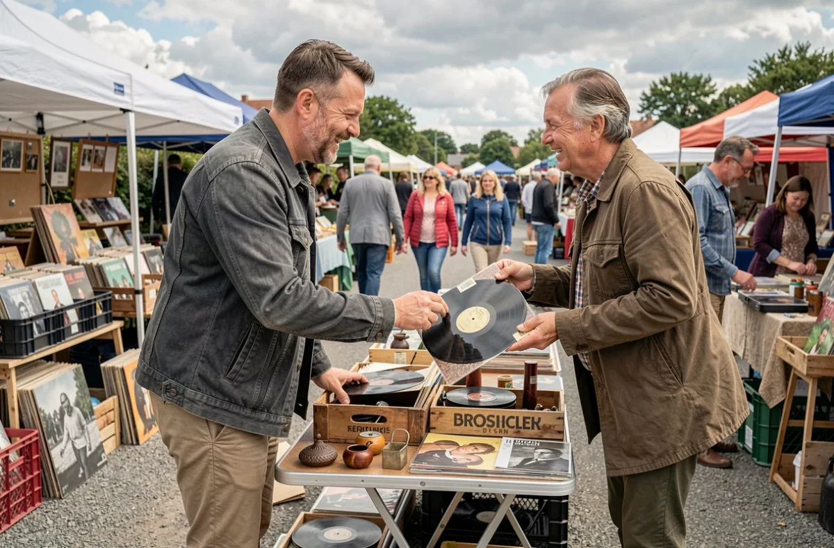 Homme négociant le prix d'un vinyle avec un vendeur lors d'une braderie familiale en plein air
