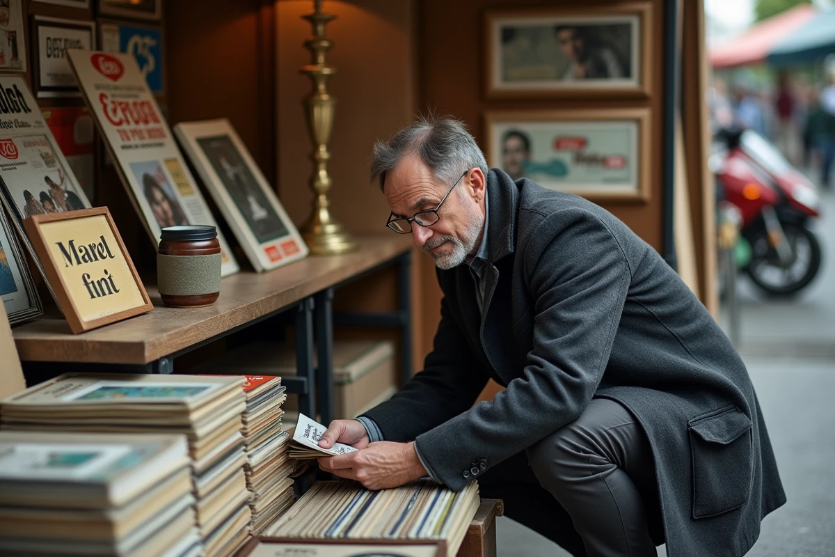 Homme fouillant des vinyles et lithographies sur un étal des Puces de Vanves à Paris