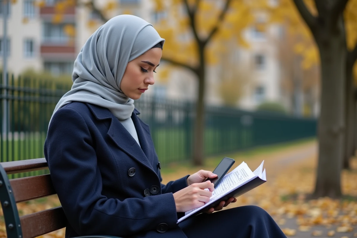 Jeune femme musulmane consultant les horaires de prière dans un parc du Blanc-Mesnil en automne