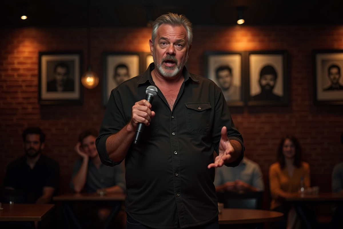 Comédien de stand-up sur scène dans un club de comédie, gesticulant avec expressivité, symbolisant la frontière entre humour noir et respect du public