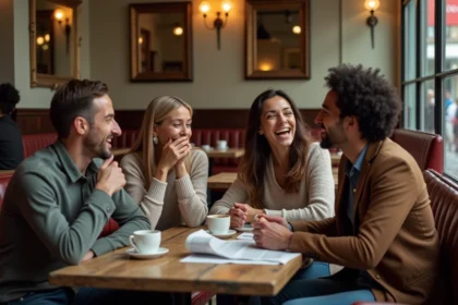 Groupe de personnes diverses riant ensemble autour d'une table de café parisien, illustrant le partage de l'humour noir dans un contexte convivial et respectueux