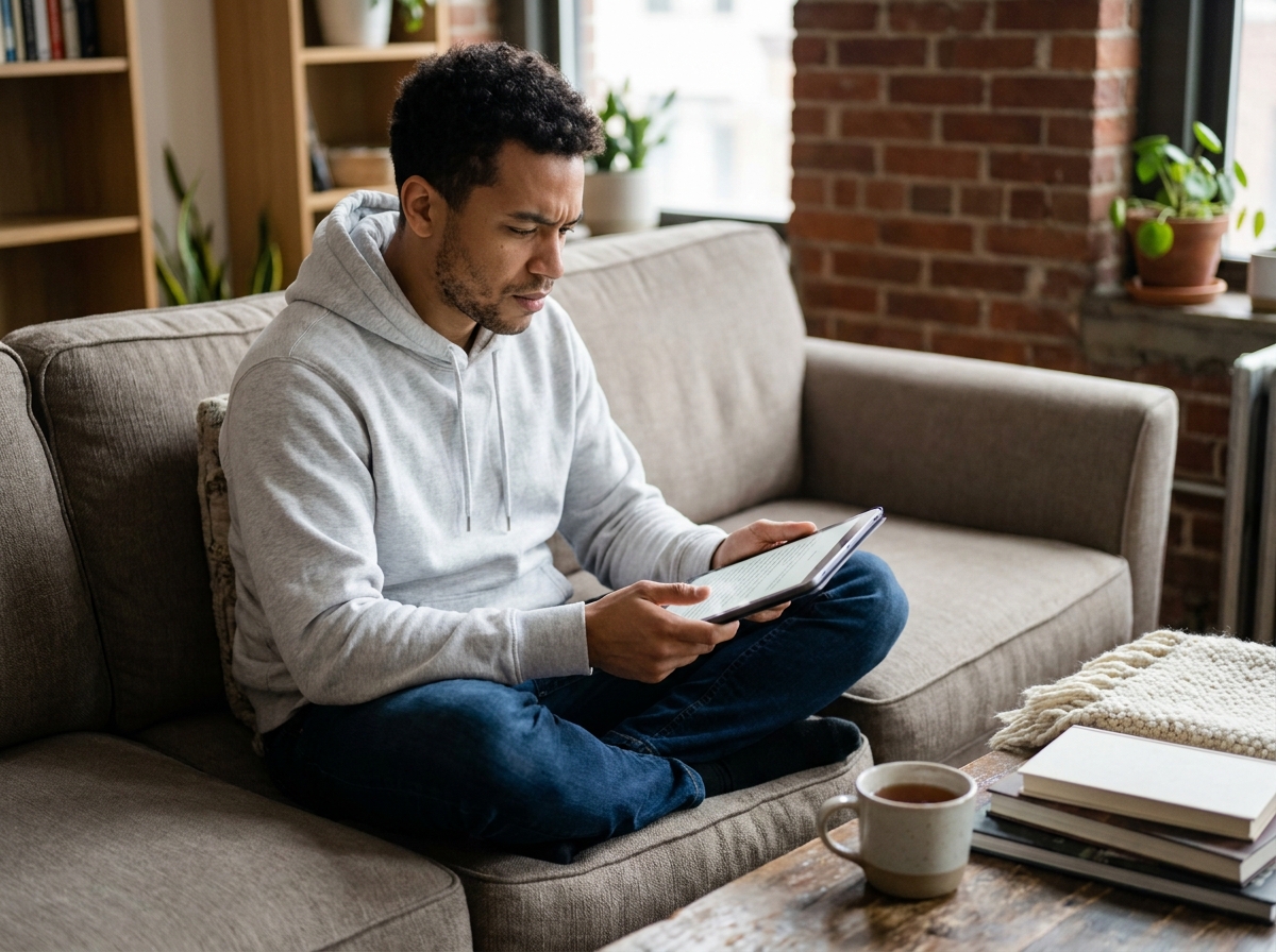 Personne lisant des informations sur sa tablette dans son appartement pour comprendre comment conserver ses allocations chômage en devenant indépendant