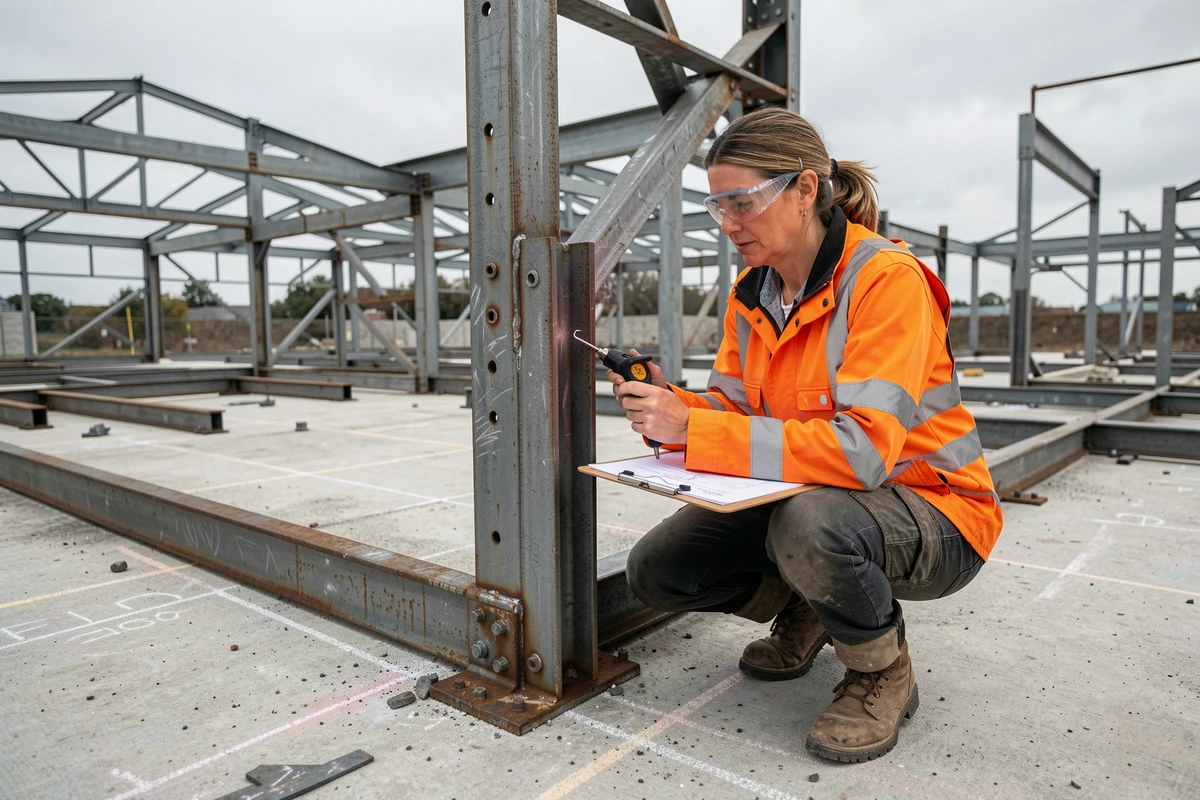 Technicienne inspectant un assemblage structural en acier cornière soudé sur chantier
