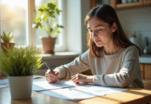 Jeune adulte à la cuisine vérifiant des documents officiels