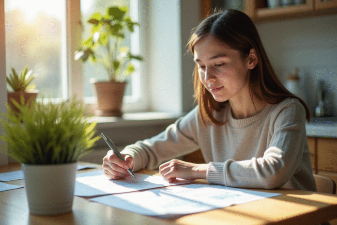 Jeune adulte à la cuisine vérifiant des documents officiels