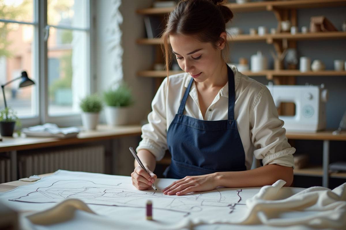 Jeune apprentie dessinant un patron avec craie sur tissu