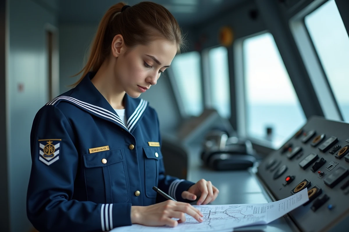 Jeune cadet naval étudiant une carte dans la salle de contrôle