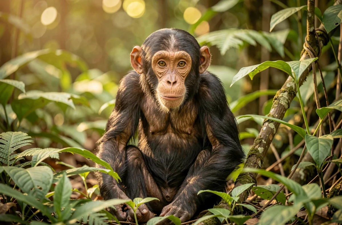 Jeune chimpanzé assis dans le feuillage d'une forêt