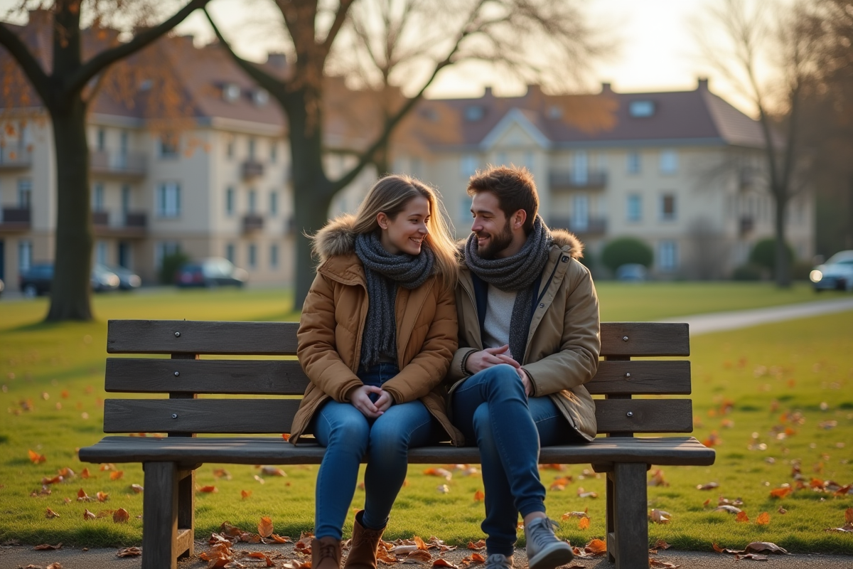 Jeune couple assis dans un parc en ville provinciale