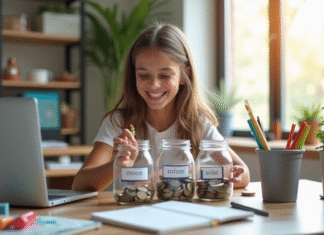 Étudiant: astuces pour une bonne gestion financière en cours d’études Jeune étudiante organisant ses finances avec des pots de monnaie