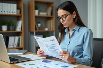 Jeune femme au bureau examinant des documents Insee