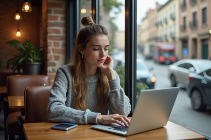 Jeune femme au café utilisant un ordinateur portable