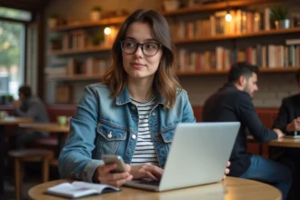 Jeune femme dans un café parisien avec ordinateur et smartphone