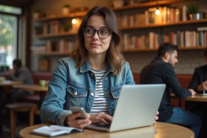 Jeune femme dans un café parisien avec ordinateur et smartphone