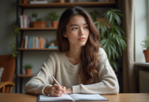 Méthode 5 4 3 2 1 : apprendre la technique en 85 caractères maximum Jeune femme concentrée écrivant dans un carnet à la maison