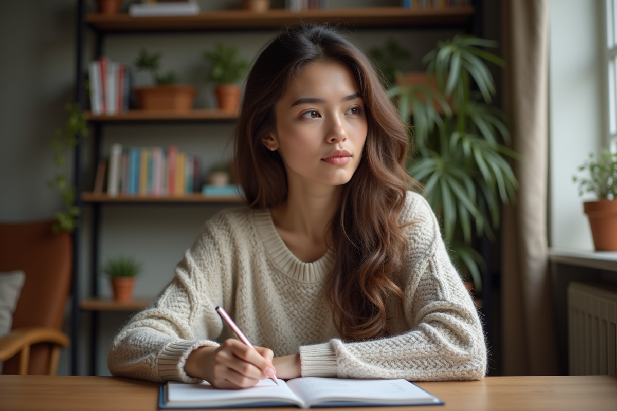 Jeune femme concentrée écrivant dans un carnet à la maison