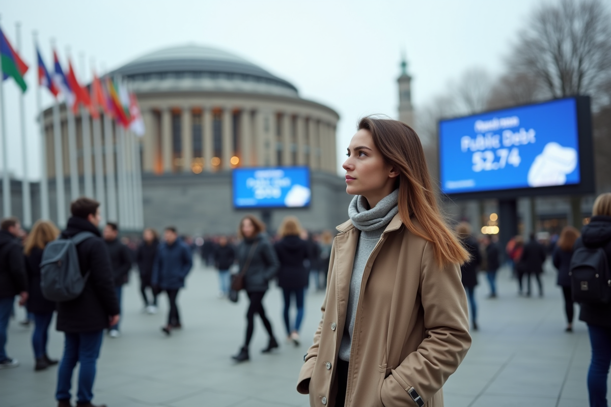 Jeune femme devant drapeaux et parlement européen