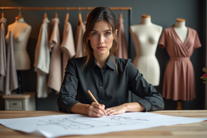 Jeune femme en atelier de mode dessinant des designs