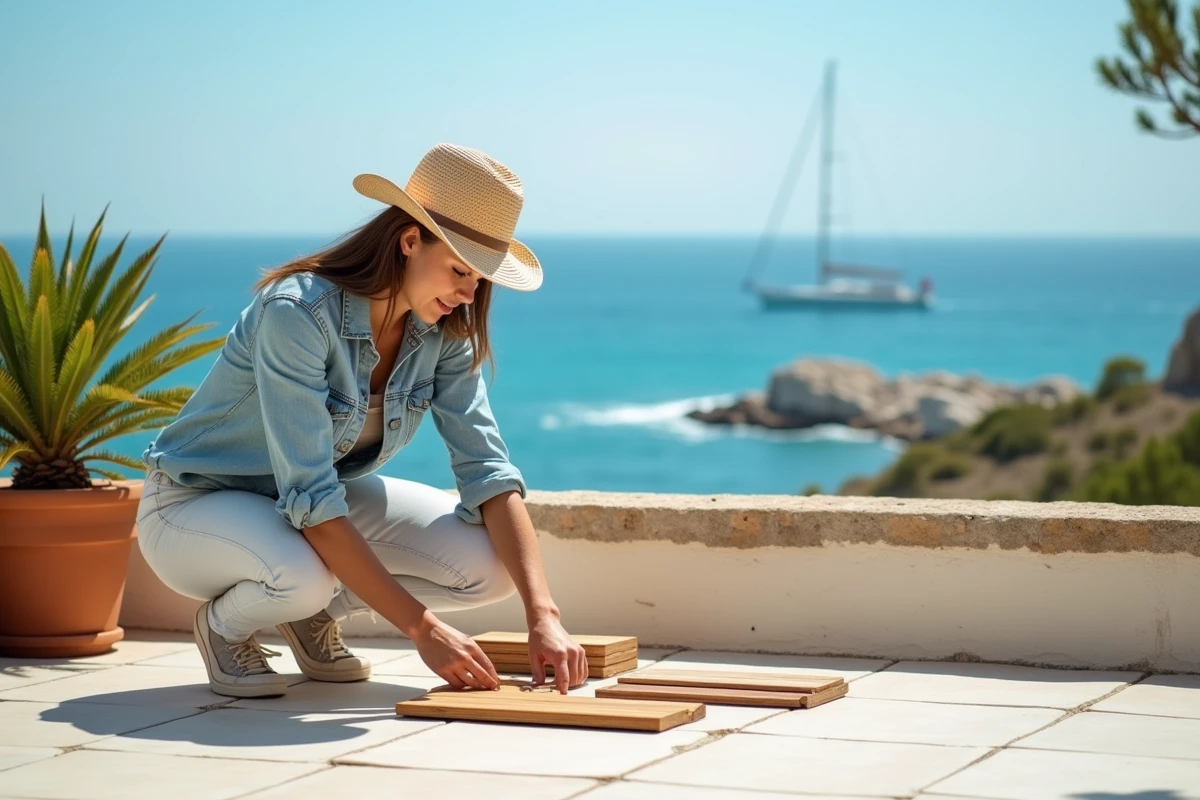 Jeune femme inspectant des échantillons de bois sur la terrasse
