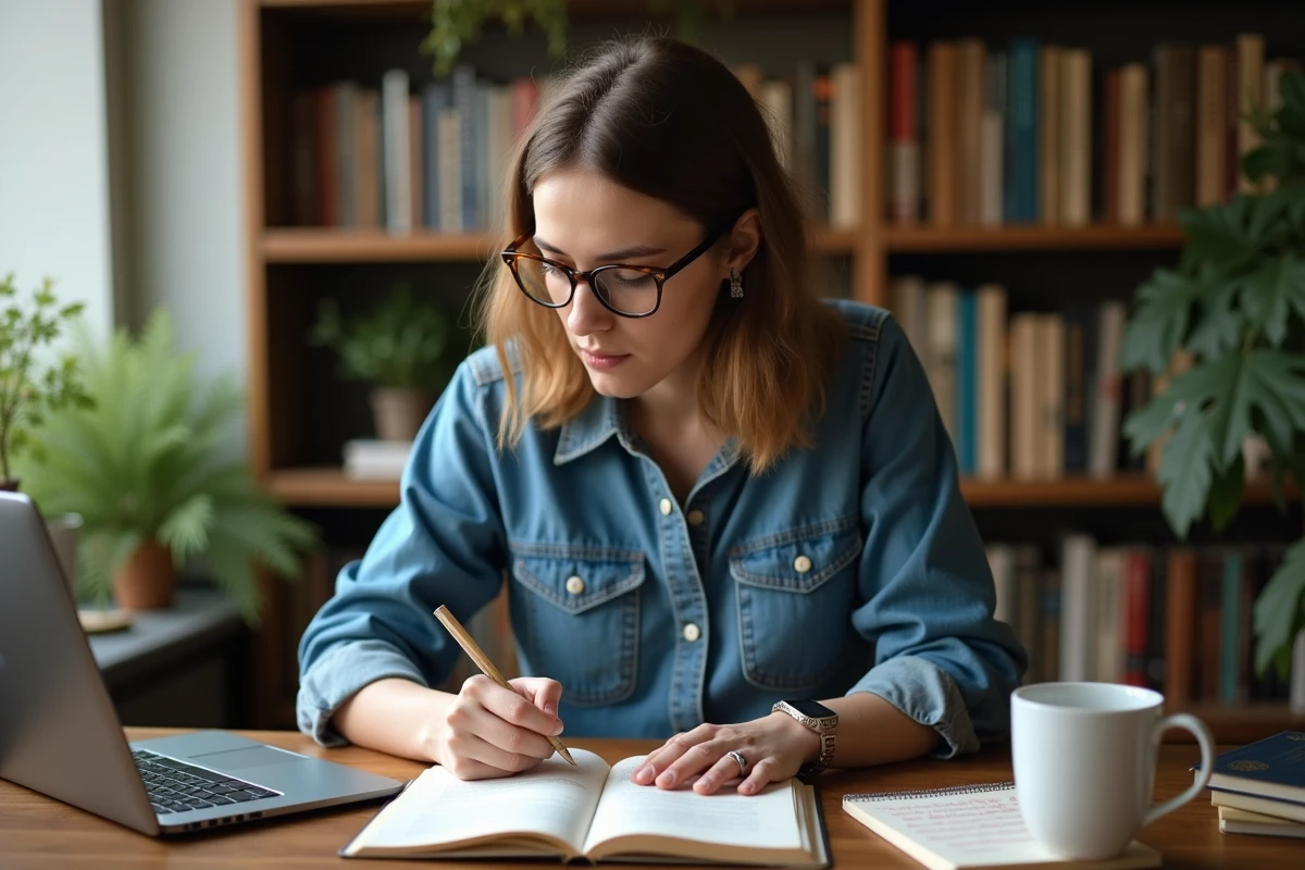 Jeune femme écrivant des vers dans un carnet à la maison