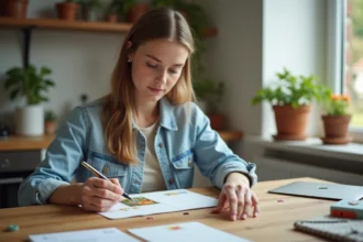 Jeune femme en train de coller un timbre sur une carte postale